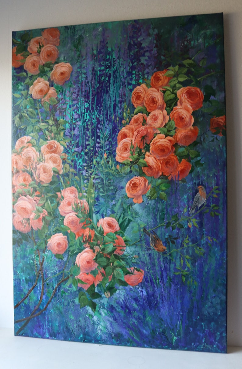 May include: An oil painting on canvas featuring clusters of vibrant peach-colored roses with green leaves set against a deep blue and purple textured background. Two small birds are perched on thin branches among the flowers in the lower right.