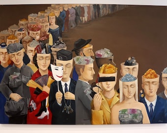 Original oil painting "Greed Parade" oil on canvas. 70x100x2 cm (27.5x39.3x0.78 inches) Hand-painted, canvas on stretcher frame.