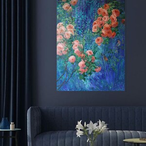 May include: A rectangular wall painting featuring clusters of peach-colored roses with green leaves set against a deep blue and teal textured background. Two small birds are perched among the floral branches, rendered in a painterly style.