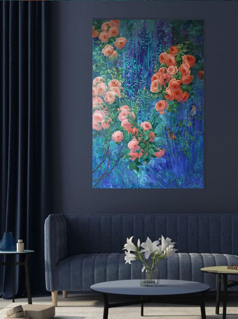 May include: A rectangular wall painting featuring clusters of peach-colored roses with green leaves set against a deep blue and teal textured background. Two small birds are perched among the floral branches, rendered in a painterly style.