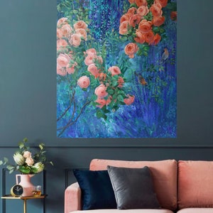 May include: A rectangular wall art print featuring an oil painting of vibrant peach-colored roses and green foliage set against a deep blue, textured background. Two small birds are perched among the rose branches in this detailed floral artwork.