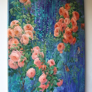 May include: A rectangular canvas painting featuring clusters of peach-colored roses with green leaves set against a deep blue and purple textured background. Two small birds are perched on the rose stems within the vibrant floral composition.
