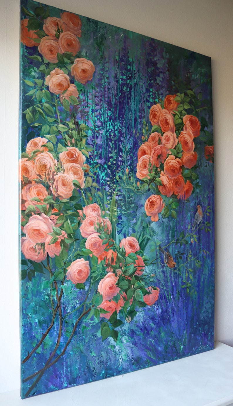 May include: A rectangular canvas painting featuring clusters of peach-colored roses with green leaves set against a deep blue and purple textured background. Two small birds are perched on the rose stems within the vibrant floral composition.