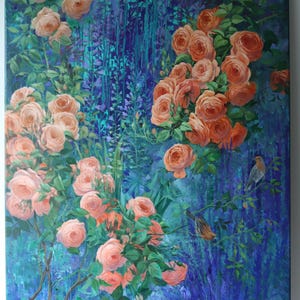 May include: An oil painting on canvas depicting a lush garden scene with clusters of soft peach and vibrant orange roses set against a deep blue and purple background. Two small birds are perched on thin branches amidst the floral foliage.