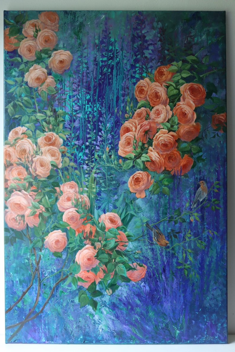 May include: An oil painting on canvas depicting a lush garden scene with clusters of soft peach and vibrant orange roses set against a deep blue and purple background. Two small birds are perched on thin branches amidst the floral foliage.