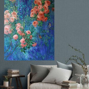 May include: A rectangular wall art print featuring a vibrant garden scene with clusters of peach-colored roses and green foliage set against a deep blue and purple background, with two small birds perched among the rose stems and leaves.