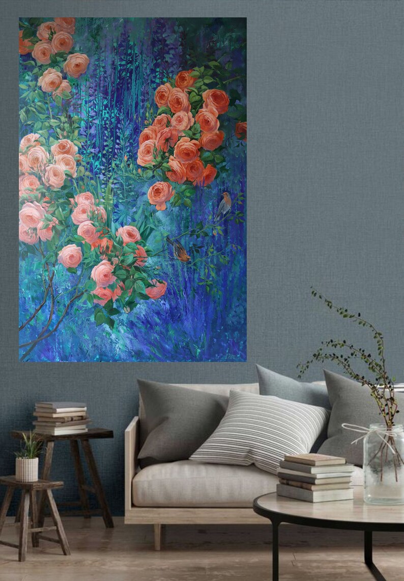 May include: A rectangular wall art print featuring a vibrant garden scene with clusters of peach-colored roses and green foliage set against a deep blue and purple background, with two small birds perched among the rose stems and leaves.