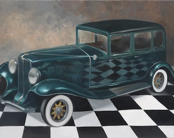 Original oil painting "Auburn Sedan" 60x90x2 cm oil on canvas/vintage car. Hand painted.