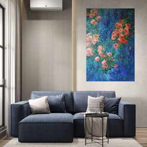 May include: A vertical rectangular wall art piece featuring a vibrant painting of blooming peach-colored roses set against a deep blue and teal textured background with visible brushstrokes and small bird figures nestled among the green foliage.