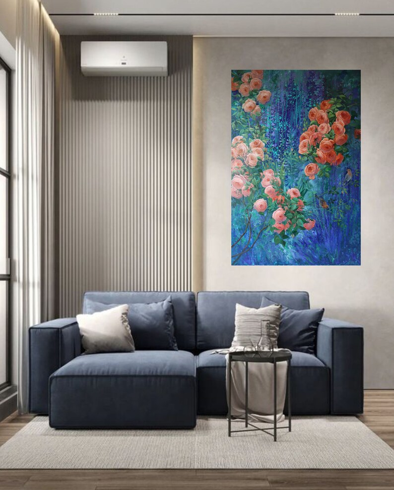 May include: A vertical rectangular wall art piece featuring a vibrant painting of blooming peach-colored roses set against a deep blue and teal textured background with visible brushstrokes and small bird figures nestled among the green foliage.