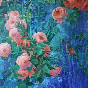 May include: An oil painting featuring clusters of soft peach-colored roses with green leaves set against a deep, textured blue and teal background. A small brown and black bird is perched on a thin branch extending from the rose bush.