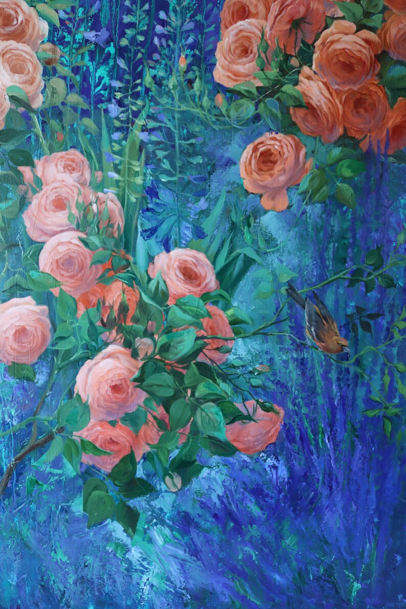 May include: An oil painting featuring clusters of soft peach-colored roses with green leaves set against a deep, textured blue and teal background. A small brown and black bird is perched on a thin branch extending from the rose bush.