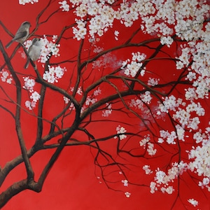 Blooming cherry, modern cherry blossom, oil painting on canvas, blooming flowers painting, beautiful cherry tree, painting 90x60x2cm
