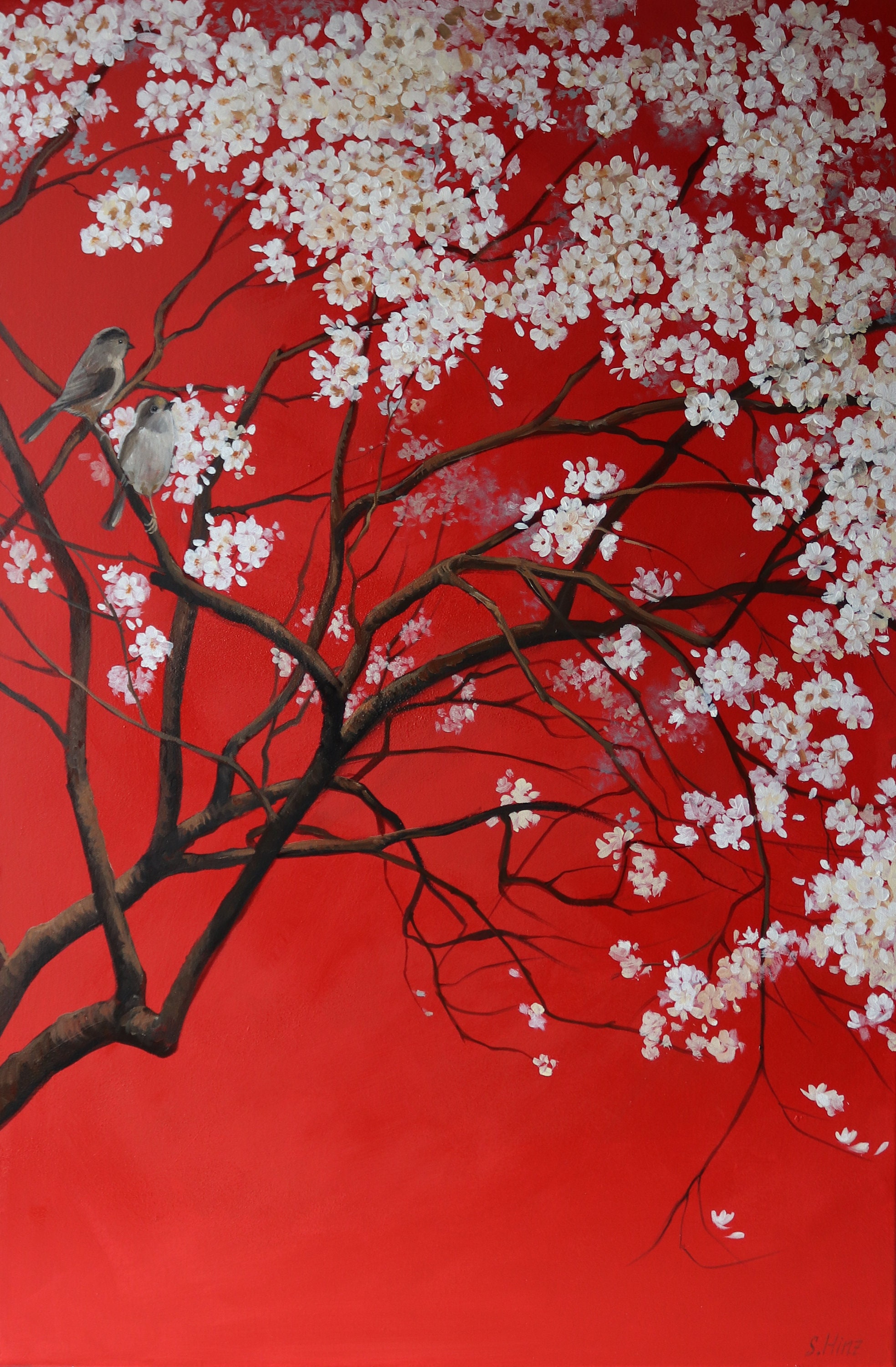 Blooming cherry, modern cherry blossom, oil painting on canvas, blooming flowers painting, beautiful cherry tree, painting 90x60x2cm