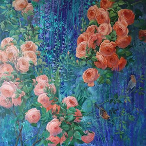 May include: An oil painting on canvas depicting clusters of soft peach and vibrant orange roses set against a deep blue and teal background. Two small birds are perched on thin branches amidst the lush green foliage and floral blooms.