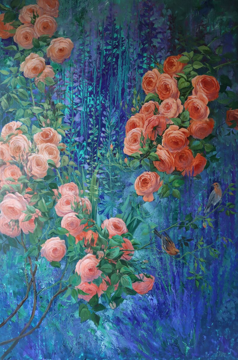 May include: An oil painting on canvas depicting clusters of soft peach and vibrant orange roses set against a deep blue and teal background. Two small birds are perched on thin branches amidst the lush green foliage and floral blooms.
