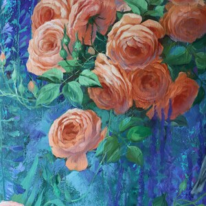 May include: An oil painting on canvas featuring a dense cluster of peach-colored roses with green leaves set against a vibrant, textured background of deep blue, indigo, and turquoise tones with visible brushstrokes and vertical paint drips.