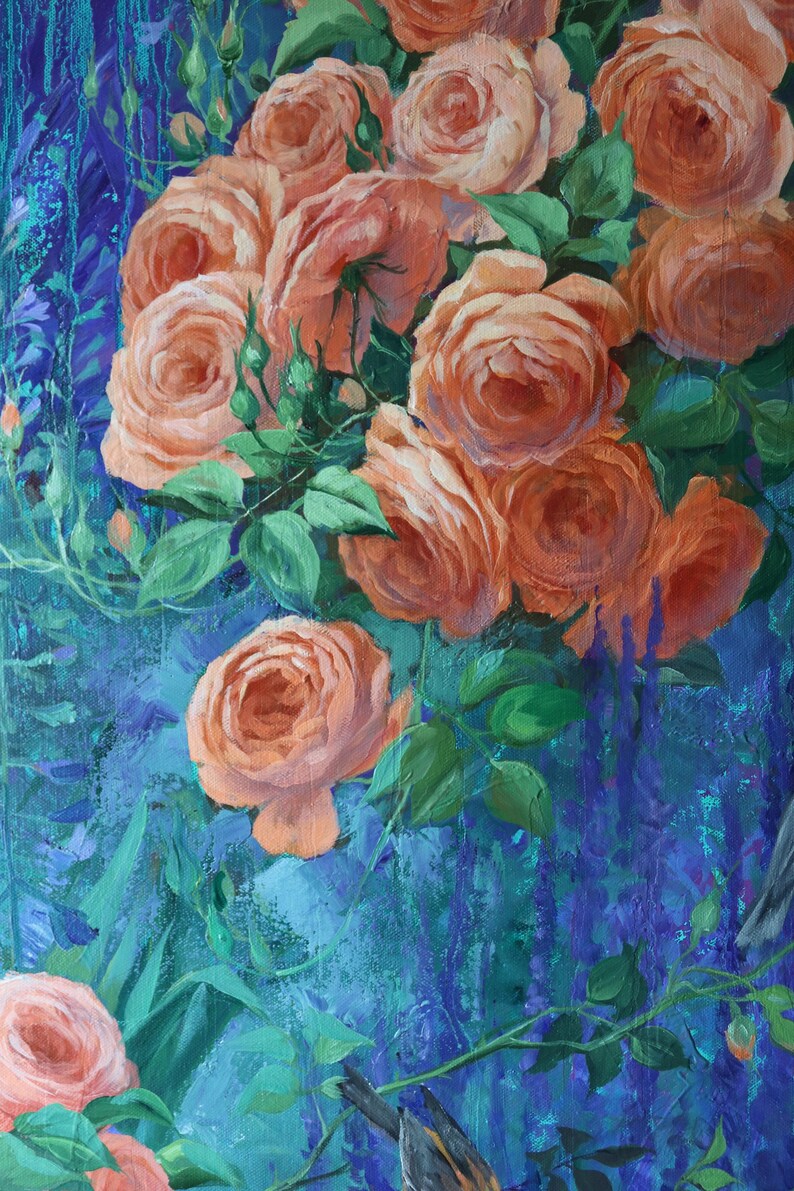 May include: An oil painting on canvas featuring a dense cluster of peach-colored roses with green leaves set against a vibrant, textured background of deep blue, indigo, and turquoise tones with visible brushstrokes and vertical paint drips.