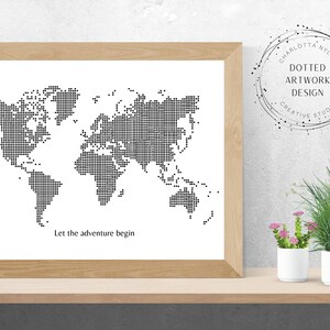 Affiche personnalisée printable de carte du monde pointillée avec citation, illustration numérique non encadrée, cadeaux de carte pour des amoureux de voyage, art de mur, wanderlust de décor