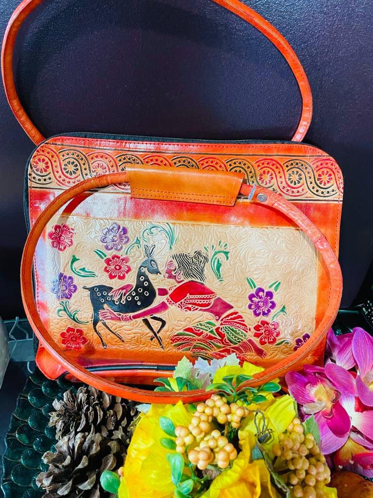 Buy Store Utsav Shoulder Bag Orange Tooled Leather Embossed Painted  Shantiniketan Ramayana Theme Sita in Panchavati Bags for Women at