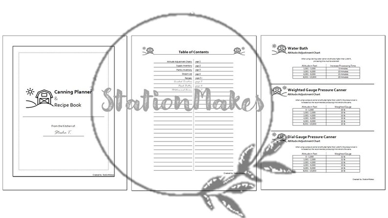 May include: A black and white printable canning planner and recipe book with a table of contents, water bath, weighted gauge pressure canner, and dial gauge pressure canner altitude adjustment charts.