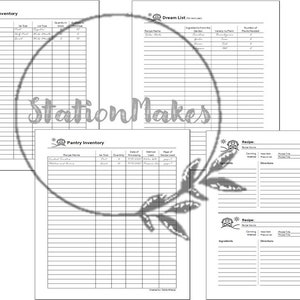May include: Four printable pages for organising your kitchen. The pages include a supply inventory, pantry inventory, dream list, and recipe pages.