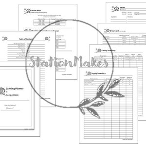May include: A set of printable black and white forms for home canning, including a canning planner and recipe book, a table of contents, a water bath canning equipment list, a dream list, a pantry inventory, and a supply inventory.