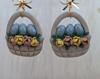 Easter Basket Earrings | Handmade Polymer Clay Earrings | Easter Dangle Earrings