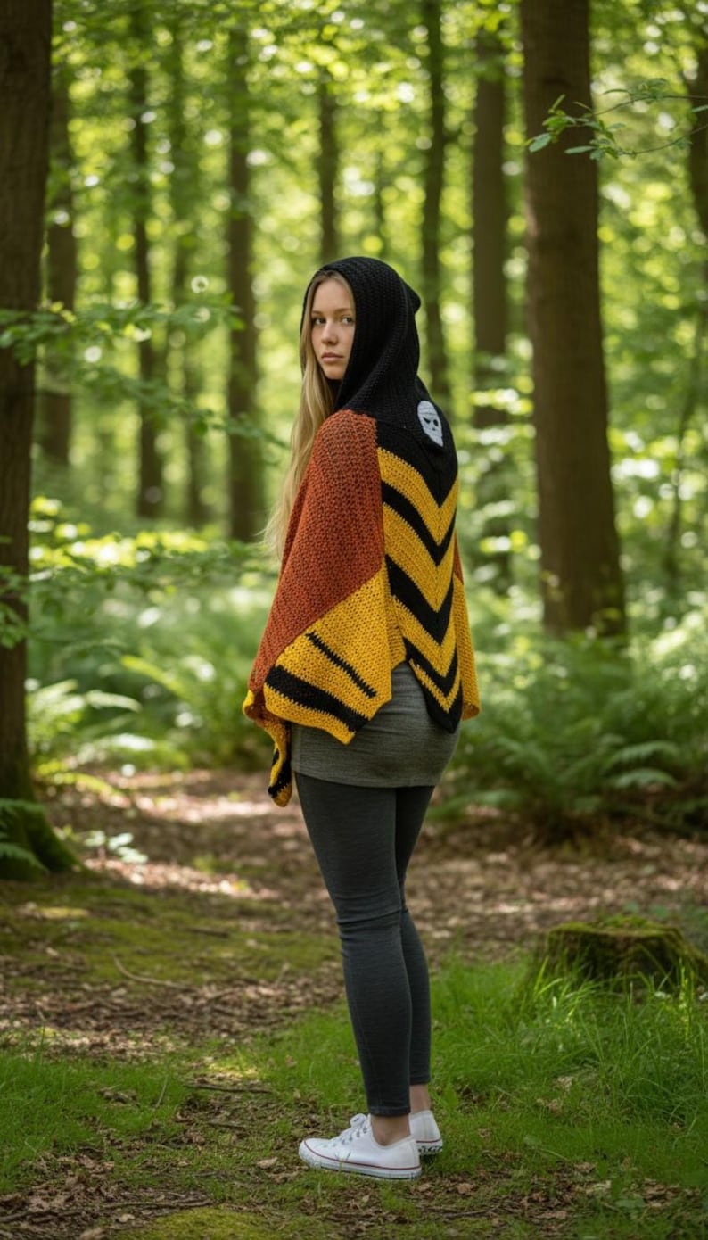 May include: A hooded crochet shawl in shades of brown, yellow, and black, with a skull design on the hood. The shawl is worn over a gray top and dark gray leggings. The background is a forest with green trees.