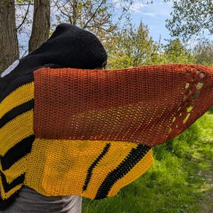 May include: A handmade crochet bee-themed hooded shawl. The shawl features a black hood, yellow and black striped body, and brown wings with cut-out details. The garment is displayed outdoors with a natural background.