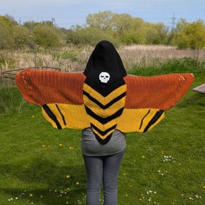 May include: A hooded shawl resembling a moth, with brown, yellow, and black wings. The hood is black with a white skull design. The shawl is worn outdoors, with a green grassy background and a blue sky.