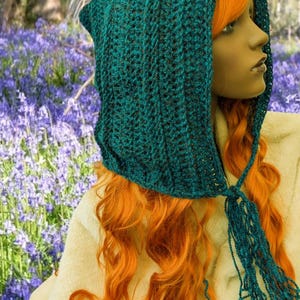 May include: A teal blue crocheted hooded scarf with a long fringe. The scarf is worn by a person with long, bright orange hair.