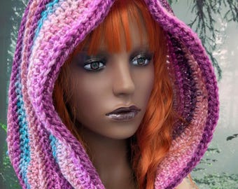 Chunky pixie hood druid fairy elf hat purple pink blue winter hooded warm