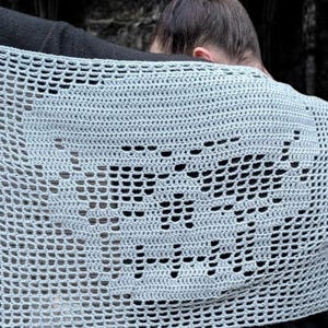 May include: A light gray crocheted shawl with a skull design. The open-weave pattern creates a delicate, airy texture. The shawl is draped over the shoulders, showcasing the intricate skull motif. The background is a blurred outdoor setting.