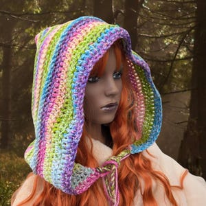 Colourful rainbow pixie hood druid fairy elf hat purple pink blue winter hooded warm