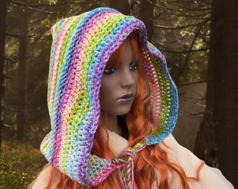 Colourful rainbow pixie hood druid fairy elf hat purple pink blue winter hooded warm