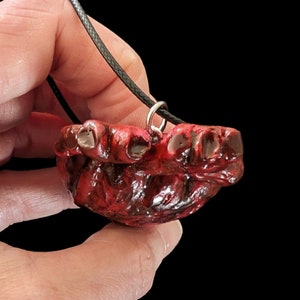 Op de afbeelding: Een rode en zwarte hangerketting met een gedetailleerd, gestructureerd ontwerp. De hanger hangt aan een zwart koord en heeft een unieke, mogelijk anatomische vorm. De achtergrond is zwart.