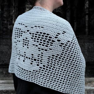 May include: A light blue crocheted shawl with a floral design. The shawl is draped over the shoulders, showcasing the intricate openwork pattern. The background is a dark, stone structure.