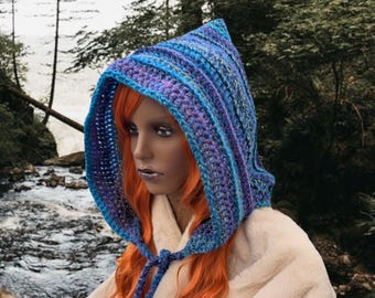 Water fairy hood druid pixie elf hat purple blue winter hooded warm