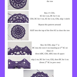 May include: A guide to crocheting a circular doily, with close-up photos and written instructions. The doily is a deep purple colour. The text details the steps for rows 16, 17, and 18. Measurements are not included.