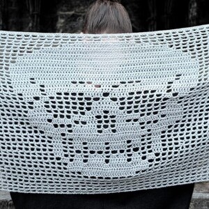 May include: A light gray crocheted shawl featuring a skull design. The open weave of the shawl creates a delicate, airy appearance. The skull is prominently displayed in the center of the shawl.