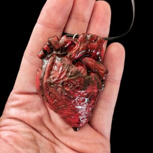 Op de afbeelding: Een rood-bruine hartvormige hanger met een zwart koord. De hanger is een gedetailleerd anatomisch model van een menselijk hart, met zichtbare aderen en texturen. De achtergrond is zwart.