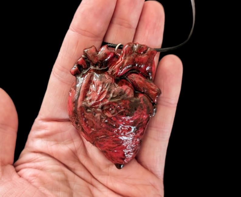 Op de afbeelding: Een rood-bruine hartvormige hanger met een zwart koord. De hanger is een gedetailleerd anatomisch model van een menselijk hart, met zichtbare aderen en texturen. De achtergrond is zwart.