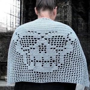 May include: A light gray crocheted shawl with a decorative openwork pattern. The shawl is draped over a person's shoulders, with the back of the person facing the camera. The shawl's design is visible, and the background is a stone structure.