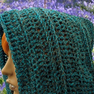 May include: A teal and brown crocheted hooded scarf with a lacy pattern.