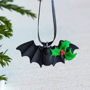 Bat Christmas small ornament clay hanging decoration cute Holly and berries