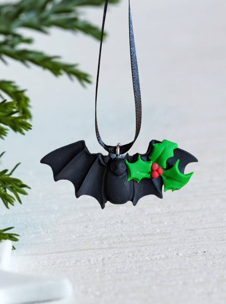 Bat Christmas small ornament clay hanging decoration cute Holly and berries