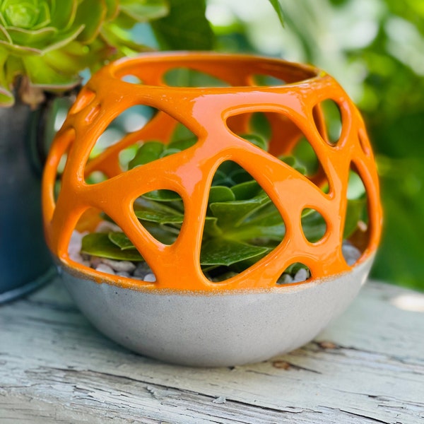 Orange Ceramic Sphere - Voronoi Planter - Succulent Planter - Succulent Pot - Table Centerpiece - Modern Vase