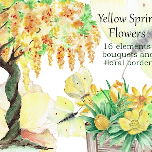 Yellow Spring Floral Clipart PNG – Watercolor Flowers & Greenery, Boho Wedding Bouquets