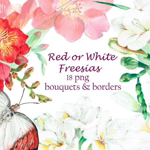 Red & White Freesias watercolor clipart, Wedding white flowers, Greenery, Bouquets, Borders, DIY invites, Hand Painted red flowers